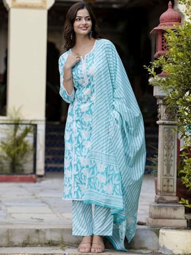 Image of PARTHVI Women Straight Floral Printed Kurta and Pant Set with Dupatta | Ethnic Set | Dupatta Set | Suit Set | Kurta Set | Wedding Suit Set