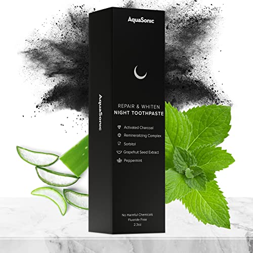 Aquasonic 2-Pack Of Repair & Whiten Night Toothpaste | Strengthen & Harden Tooth Enamel | Activated Charcoal Detoxifies Mouth & Freshens Breath | Fluoride-Free, Peroxide-Free, Whitening Formula #TOP1