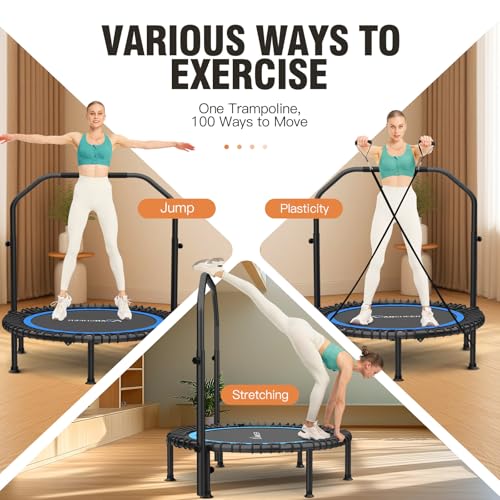 Image of ANCHEER 40 inch /48 inch Foldable Mini Trampoline,Max Load 450lbs /550lbs Indoor Trampoline,with 4 Level Adjustable Foam Handle and Resistance Bands,Adult Exercise Trampoline for Home, Garden, and Gym