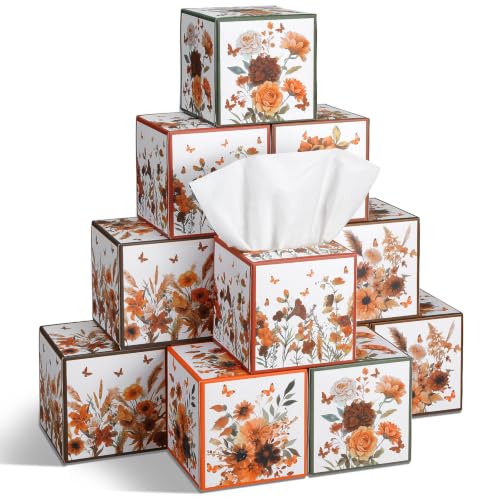 Image of Fourluoo 12 Pack Fall Flowers Facial Tissues Cube Face Boxes 600 Sheets 3 Ply Small Square Tissues Bulk for Car Bedroom Supplies