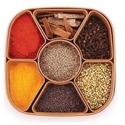 Image of 7-in-1 Premium Masala Box with Secure Compartments - Multipurpose Kitchen Spice Organizer, Rangoli Design (Brown Finish)