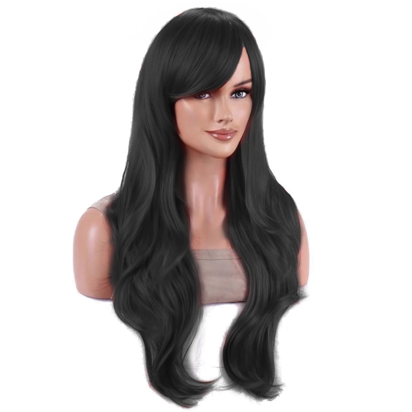 IMISSU 28 Inch/70cm Long Hair Water Wavy Wigs with Bangs Cosplay Costume Wig (Black), 23 cm x 16 cm - Image 2