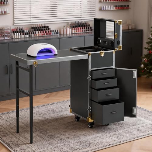 Icoget Portable Rolling Manicure Table for Nail Teach, Foldable Traveling Nail Desk w/Storage, Mobile Nail Table w/Audio and Mirror, Makeup Train Case Cosmetic Trolley, Black