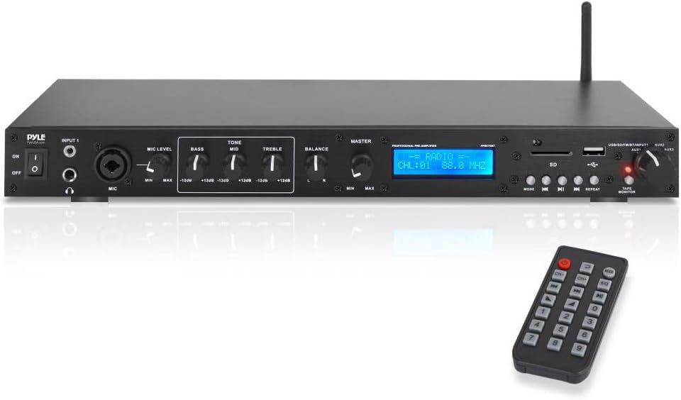 Rack Mount Studio Pre-Amplifier - Audio Receiver System w/Digital LCD Display Bluetooth FM Radio Recording Mode Remote Control USB Flash or SD Card Reader Input and Output Jack - PPRE70BT
