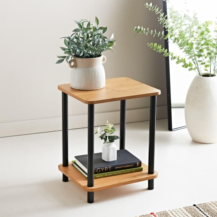 Bloomingtons Direct 2 Tier Square Side Table, Wooden Finish Couch, Chair Side End Table with Under Storage Shelf, Lamp Laptop Table for Sofa, Nightstand