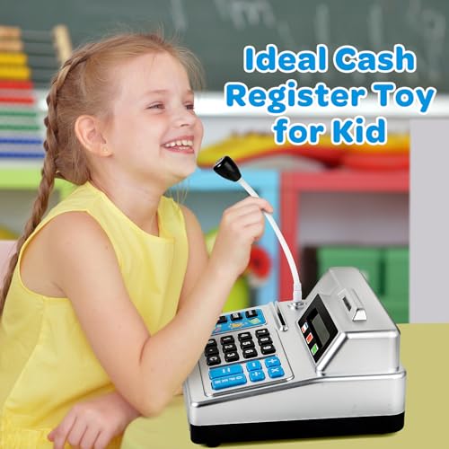 Image of Calculator Cash Register Toy Gift for Kids Age 3, 4, 5, 6, 7, 8+ Year Old, 103 Pcs Pretend Grocery Store Playset with Toy Cash, Microphone, Credit Card, Play Cash Register for Toddlers 4-8, Silvery