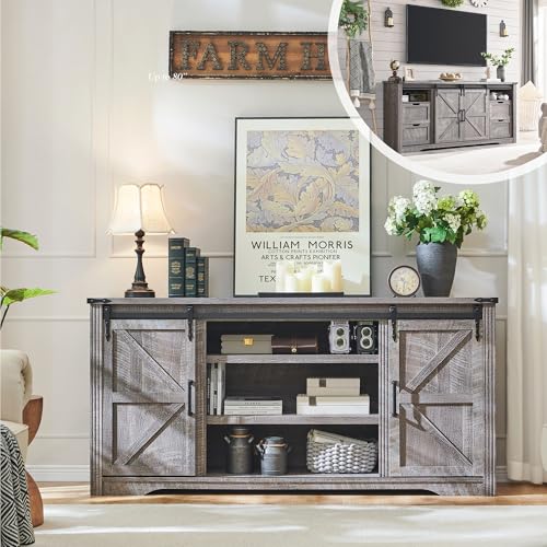 Image of Farmhouse 66 inchWood TV Stand for 75+ Inch TV, w /4 Drawers & Sliding Barn Door | 32 inch Tall Entertainment Center, Rustic Media Console w /Storage Shelves, 66 inch Wood Television Stand for Living Room, Grey Wash
