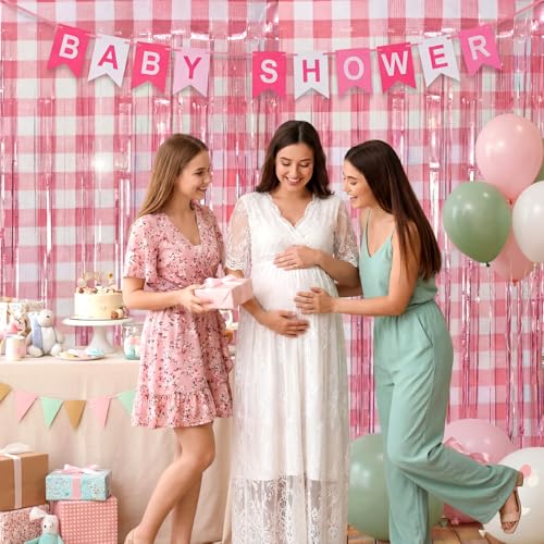 Image of WovWeave 2 Pcs Pink Gingham Party Decorations 3.3 x 6.6 ft Pink and White Checkered Foil Fringe Curtains Backdrop Tinsel Streamers for Wedding Birthday Baby Shower Party Decor Supplies