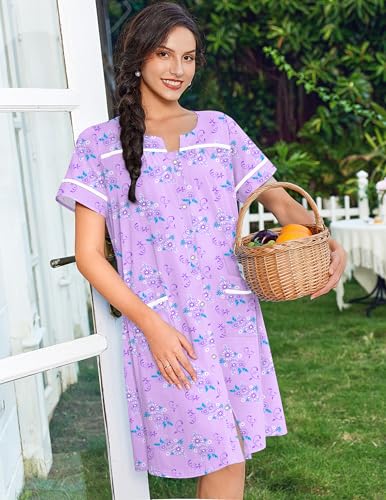 Image of Ekouaer Nightgowns for Women House Dress with Pockets Snap Front House Coat Short Sleeve Duster Moo Moos Sleepwear S-3XL