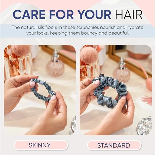 Image of Blissy Silk Scrunchies (3 Pack) - 100% Pure Mulberry Silk - 22 Momme 6A High-Grade Fibers Scrunchie for Straight & Curly Hair - Preventing Breakage, Tangling, & Creasing (Ash Blue Regular)