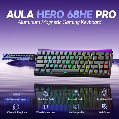 Image of AULA Hero 68 HE Pro - Wired Gaming Keyboard with Hall Effect Magnetic Switch, CNC Aluminum Frame, 8KHz Polling Rate, RGB Box & Backlight, Side Printed Keycaps, 65% 68-key Compact Small Gamer Keyboards