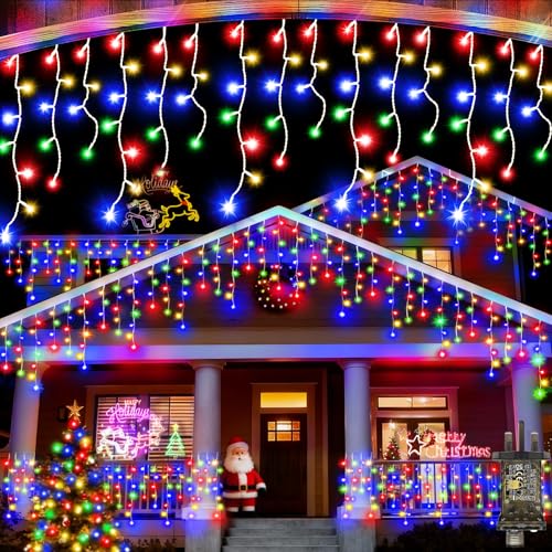 Image of 66 FT 640 LED Icicle Christmas Lights Outdoor Decorations Clear Wire String Lights Plug in 120 Drops 8 Modes Timer Connectable Curtain Fairy Lights Waterproof for Holiday Wedding Party-Multicolor