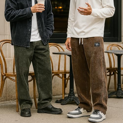 Pacificozy Men's Corduroy Pants, Fashion Daily Loose Embroidered Drawstring Loose Elastic Waist Pocket Trousers4