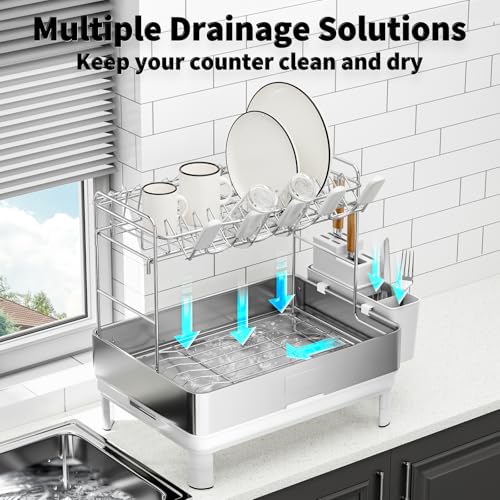 Image of Ewaiira Large Dish Drying Rack, 304 Stainless Steel Dish Racks for Kitchen Counter, 2 Tier Raw White