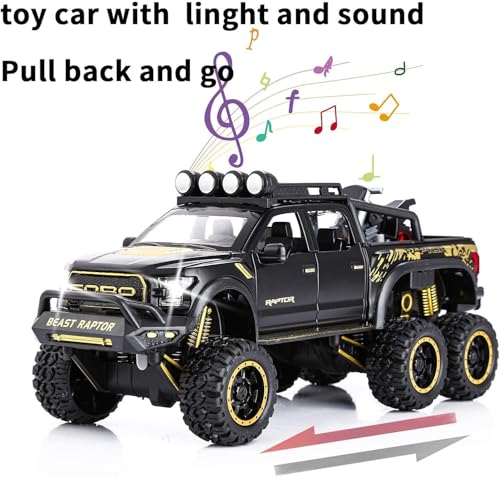Image of 1:24 Raptor F150 Alloy Metal Diecast Car, Pull Back Toy Car with Openable Doors, Light and Music, Boys Gifts and Toys for Kids (Black)