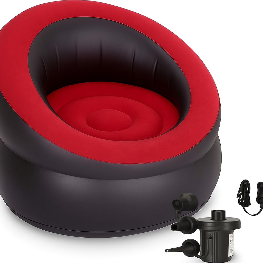 Trendi Inflatable Sofa Chair | Soft Suede Top | Ideal for Living Room, Gaming, Dorms, Camping & Outdoor Use | For Adult & Kids| Black/Red (Single Inflatable Sofa With Pump)
