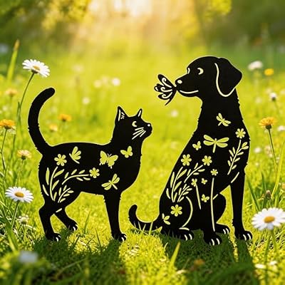 BRUKUSUR Black Metal Cat&Dog Silhouette Garden Stakes,Decorative Garden Stakes,Pet Memorial Grave Markers for Dogs&Cats,Outdoor Yard Art Decor, for Pet Lovers,Yard Art,Patio Lawn Ornaments