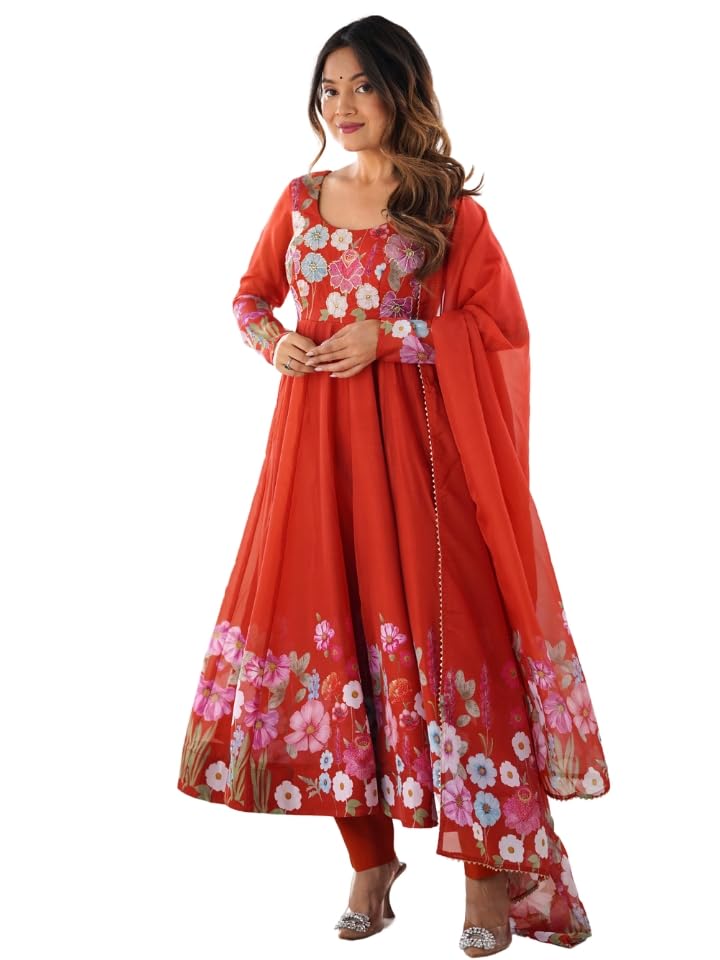 Rust Floral Anarkali Dress-image-28