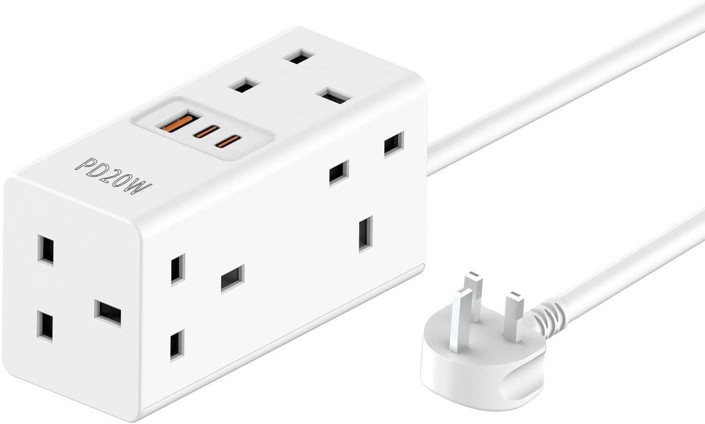 Extension cord 5 ways outlets(13A/3120W MAX) 3 USB ports, white extension lead power strip with 2m multi plugs extension cable, overload protection fused socket extender cord extension board for home