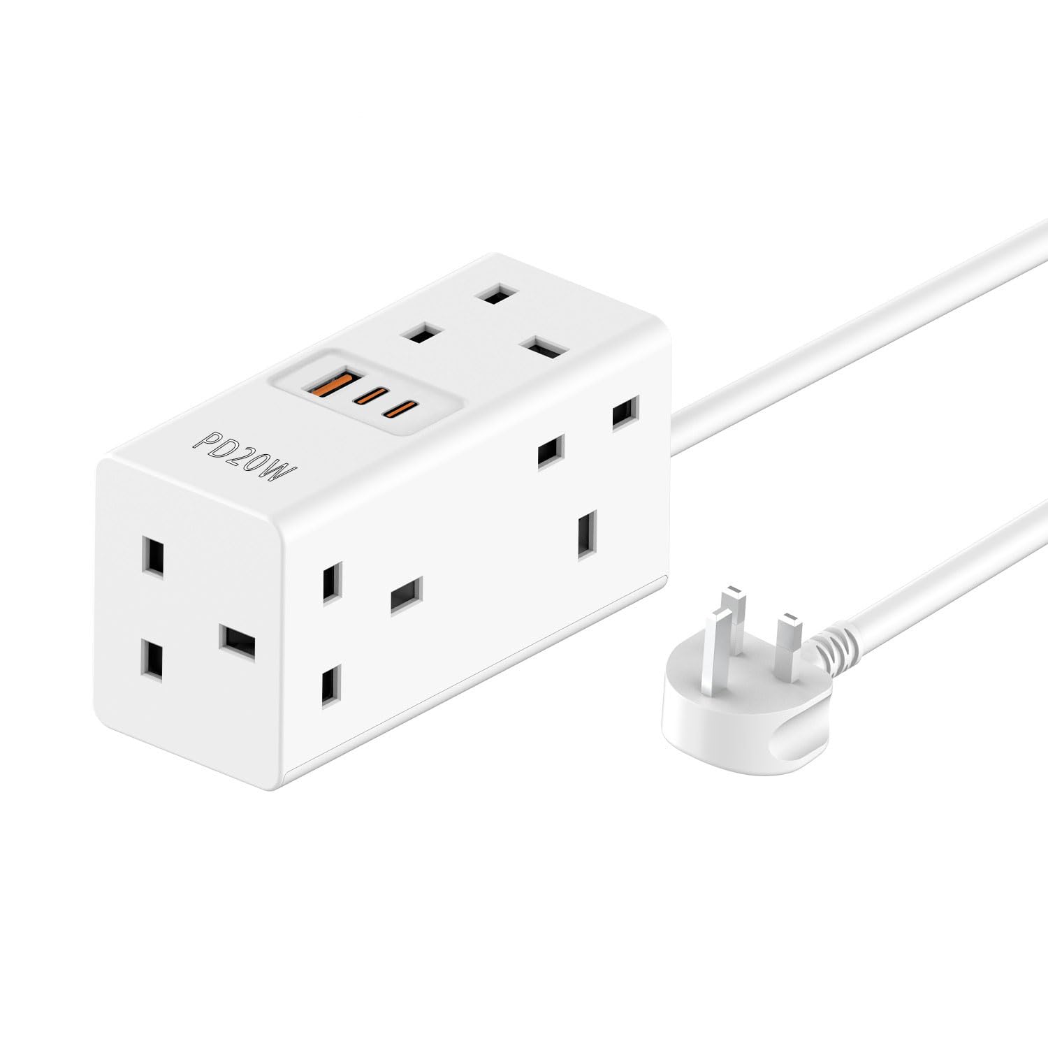 Extension cord 5 ways outlets(13A/3120W MAX) 3 USB ports, white extension lead power strip with 2m multi plugs extension cable, overload protection fused socket extender cord extension board for home