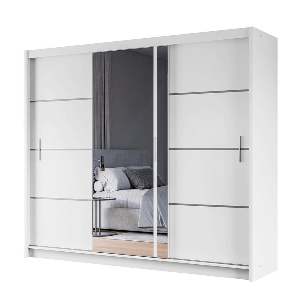 PRVTA 250 cm Weiß Schwebetürenschrank Mit Spiegel Breiten 150/180/200/250 cm Kleiderschrank Für Wohnzimmer Mit Kleiderstange Farben Weiß/Schwarz/Sonoma