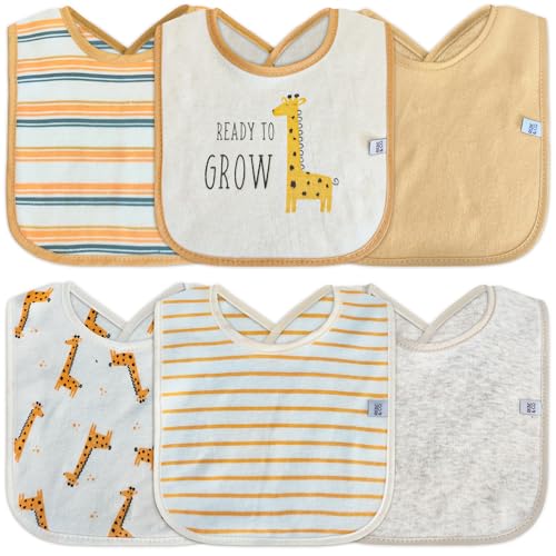 Image of REBE & CO 6 Pack Waterproof Cotton Baby Bibs for Girls Boys for Drooling Eating with Snaps, Teething Bibs, Feeding Bibs, Newborn Baby Shower (Giraffe)