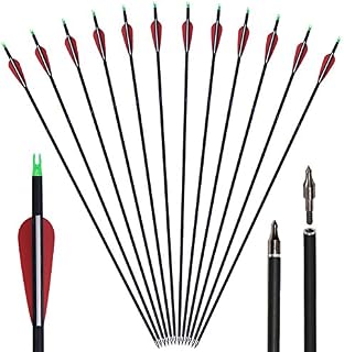 Huntingdoor 12Pcs 30 inch Archery Carbon Arrows Spine 550 Hunting Targeting Arrows with Replaceable Broadhead for Recurve Bow Compound Bow Target Practice