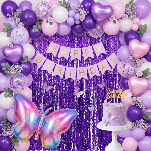 Image of TONIFUL 2Pcs Laser Wavy Purple Metallic Tinsel Foil Fringe Curtain Streamer | 3.3ftx6.6ft Photo Booth Backdrop Door Streamer Curtain, Props for Bachelorette Mermaid-Themed Birthday Graduation Decoration
