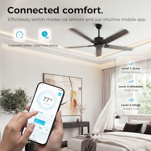 Image of Obabala 52 Inch Ceiling Fan No Light, Modern Black Ceiling Fan Without Light with Remote & APP, Quiet Reversible DC Motor, 6-Speeds, for Living Room, Bedroom, Patio (Black+Brown)