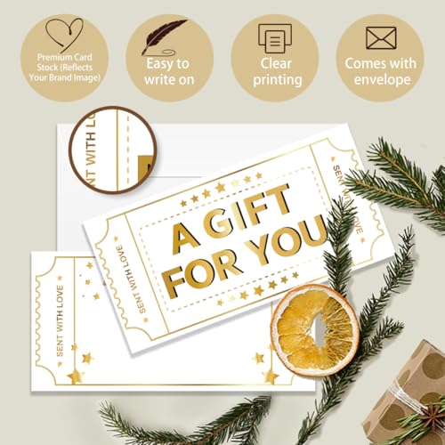 Doodlream 40 Set Geschenkgutschein für Unternehmen Leere Geschenkkarten Zertifikate mit Umschlägen 17 x 8.5cm Goldene Karten Gutscheine für Restaurants Spa Beauty Make Up Friseursalon