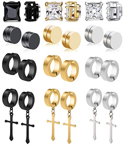CARSHIER 12 Pairs Stainless Steel Clip On Non-Pierced Earrings for Mens Womens Magnetic CZ Earrings Dangle Earrings Set