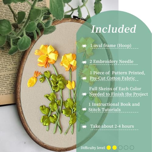 Image of FONNUY Ribbon Embroidery 3D Flowers Pattern Design Kit Embroidery DIY Handwork Set Oval Home Decoration (Yellow Begonia)
