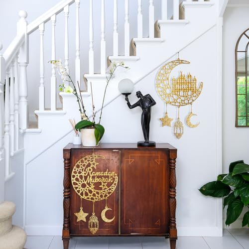 2 Pieces Eid Mubarak Door Sign Wooden Hanging Signs, Ramadan Kareem Hollow Ornament Decorations Moon and Stars, Moon Shape Ramadan Mubarak Party Wood Wall Hanger for Islamic Muslim Home Decor - Image 7