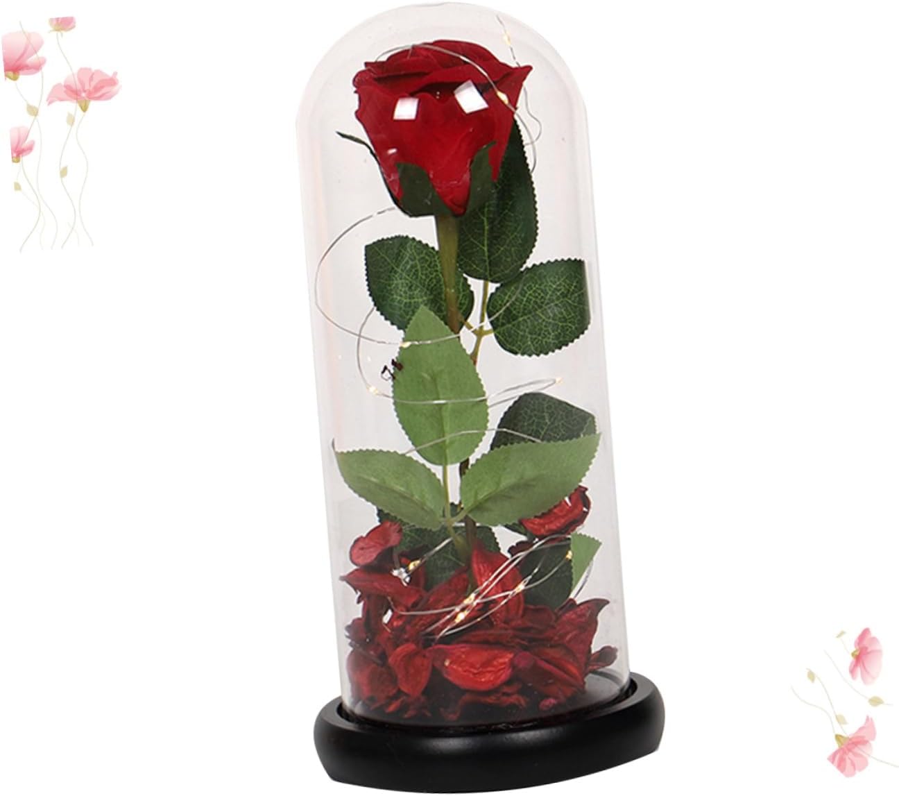 Amosfun Simulation Immortal Rose LED Light Glass Cover Elegant Desktop Ornament for Valentine's Day Present Home Decor for Women Ladies No Battery Included