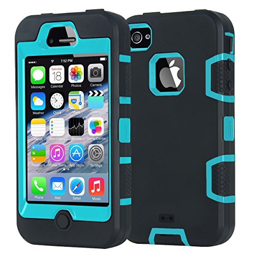 iPhone 4 Case,iPhone 4S Case,Shockproof Heavy Duty Combo Hybrid Defender High Impact Body Rugged Hard PC & Silicone Case Protective Cover For Apple iPhone 4 4S (Black Aqua)