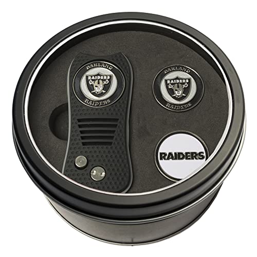 Team Golf NFL Las Vegas Raiders 2 Ball Markers Tin Gift Set with Retractable Divot Tool and 3 Double-Sided Magnetic Ball Markers, Patented Single Prong Design, Causes Less Damage to Greens