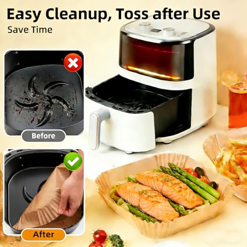 Image of Air Fryer Liners Disposable: 125Pcs Unbleached Parchment Paper Liners, 8 inch Square Non-Stick Disposable Sheets for 5-8 QT Baskets, Oil-Proof for Easy Cleanup | with Air Fryer Magnets for Parchment Paper
