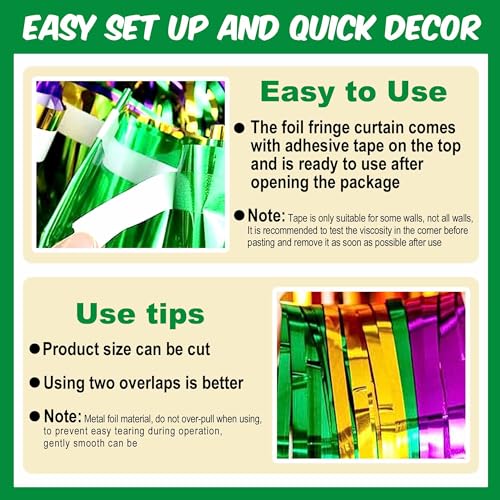 Image of 3 Pack Gold Green Purple Foil Fringe Curtains Backdrop, 3.28 x 9.8 Ft Metallic Streamers Tinsel Curtains Background for Photo Booth, Birthday, Halloween, Christmas, New Year Party Decorations