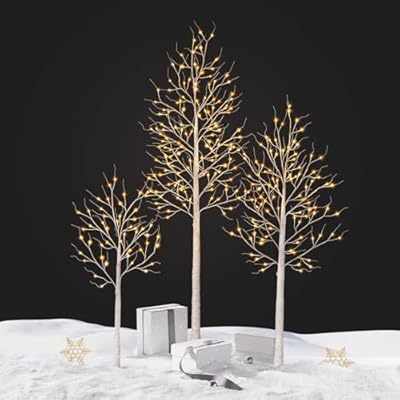 SOGUYI White Birch Tree with Lights Set of 3-4ft 6ft 8ft Christmas Decorations with 280 Warm White Lights, Twinkle Twig Tree for Indoor Outdoor Porch Home Holiday Decor