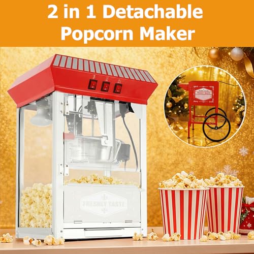 Image of Vintage Popcorn Machine with Cart & Wheels - 12 Oz Stainless Steel Kettle Makes 48 Cups, Portable Retro Cart for School, Church, Party, Carnival, Movie Theater, Concession & Home Use (Red)