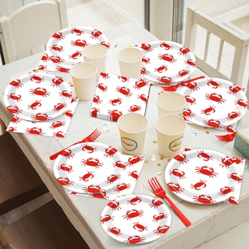 Image of Qyeahkj 100 Pcs Crab Party Decoration Set - Paper Plate Napkin Fork Set for Summer Crab Dinnerware Tableware Supplies - Serves 25