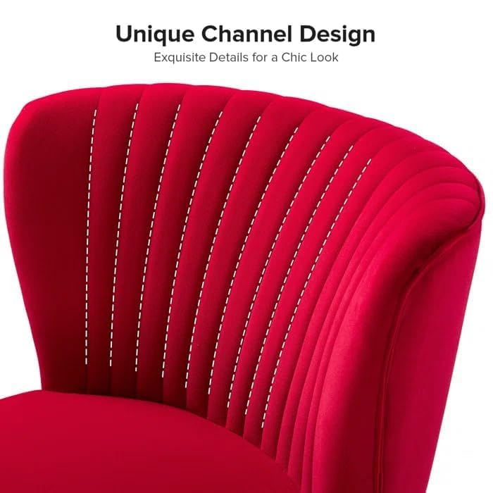 Image of Modern Upholstered Accent Velvet Chair Single Seater Channel Tufted Wing Back Chair with Golden Matel Legs for Living Room, Bedroom, Dining Room, Red