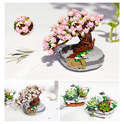 Tosbes Sakura Baum Bausteine, 426+ Stück Verfärbt Topfpflanzen Modell Bausatz, Kreative Bonsai Blume, Botanik Kollektion… – Bild 5