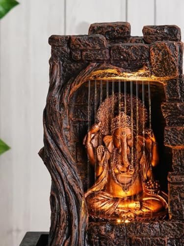 Image of UAG EXPORTS Ganesha Tabletop Waterfall Fountain | Front-Curtain Design | Polyresin Indoor Fountain with Warm LED Lights & Adjustable Pump | Home Decor Showpiece for Home, Living Room & Office - Copper