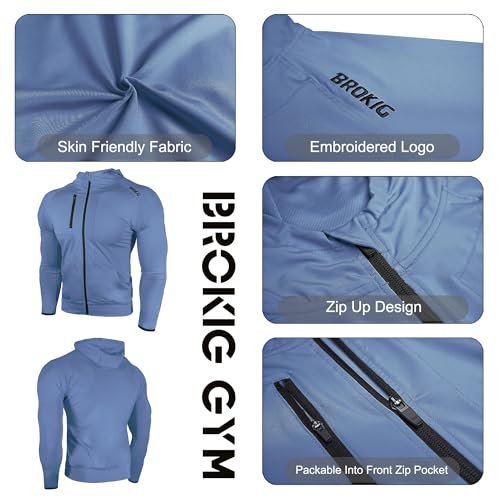 Image of BROKIG Mens Windbreak Running Jacket Zip Up Hoodie | Lightweight,Zip Pocket,Workout,Gym,Athletic,Track,Golf,Cycling,Full Zip Hoodie Jackets,Windbreaker,Jogging Sweatshirts