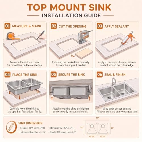 Rhbamoa Drop In Kitchen Sink 33''x22'',33 Inch Stainless Steel Double Sink by Rhbamoa - Used condition - Image 5