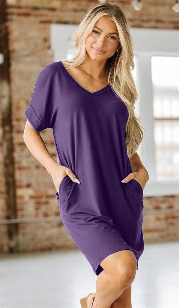 Camisunny Womens Short Sleeve Pleated Loose Swing Casual Dresses with Pockets Knee Length Summer V Neck Tunic Dress - Image 2