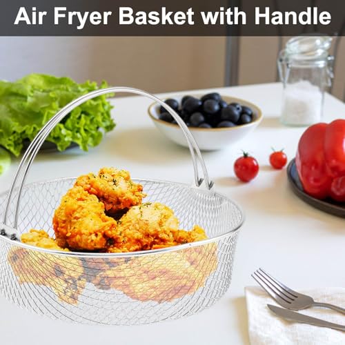 Air Fryer Basket, 8Qt Air Fryer Replacement Accessory Mesh Basket with Handle, 18/8 Round Stainles Steel Steamer Basket for Air Fryer, Instant Pot, Oven, Steamer Basket, Household Frying Food Basket