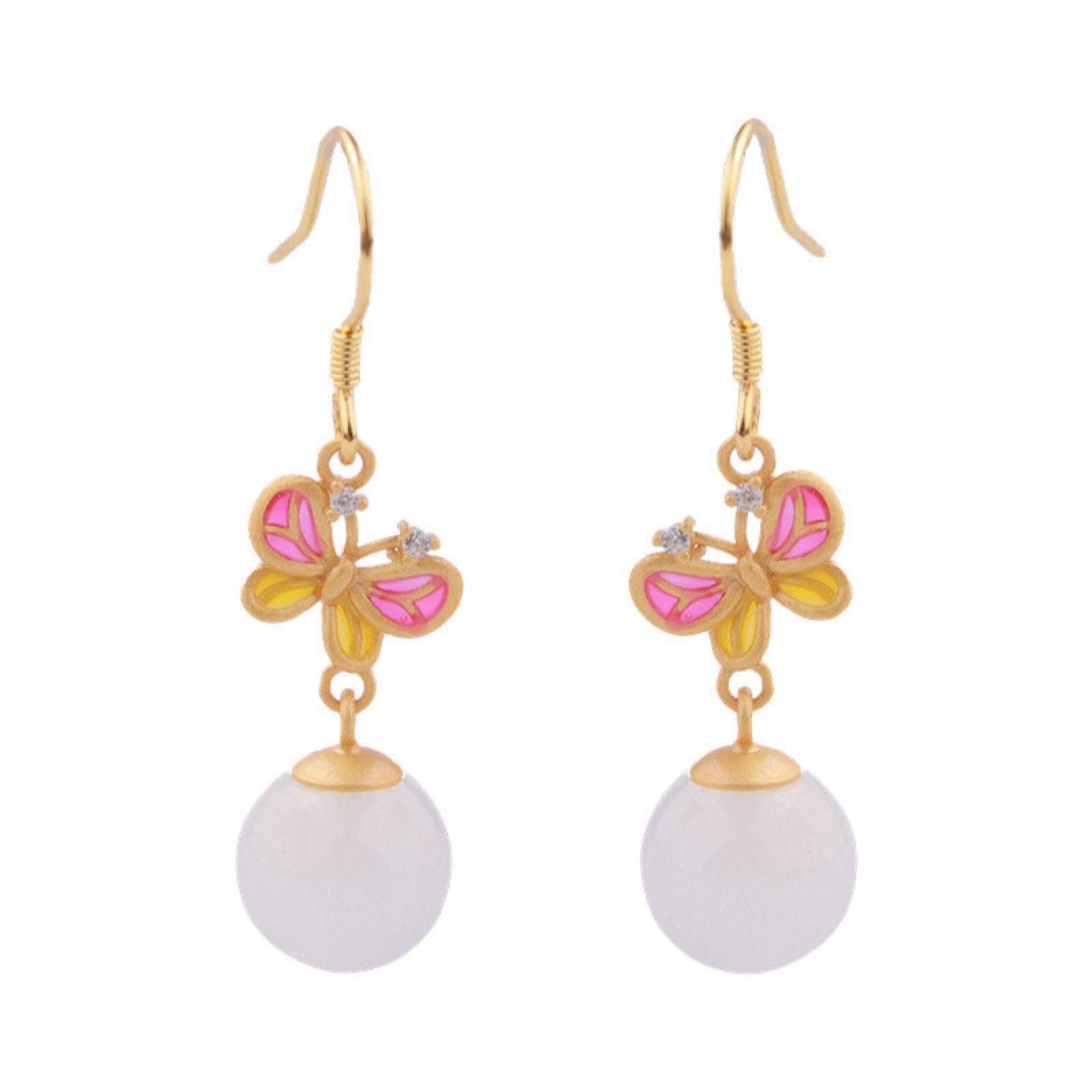 Boucles d'oreilles de Drop Hetian Jade : joaillerie émail papillon - 8
