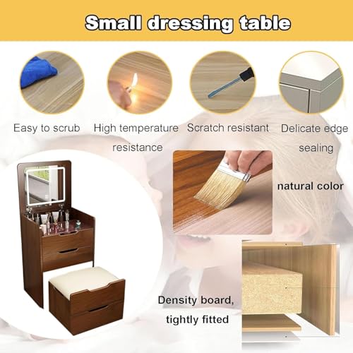 LUMISOL 3 in 1 Vanity Desk with Flip Top Lighted Mirror, Compact Makeup Vanity with 3 Storage Drawers and Cushioned Makeup Stool, Small Make Up Vanity Set with Visible Glass Desktop, Walnut